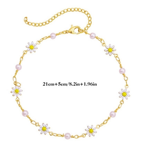 New Gold Daisy And Pearl Chain Anklet Set of Two - Picture 5 of 6